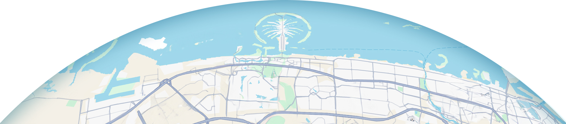 A stylized map view showing a coastal area with roads and a prominent palm tree landmark.